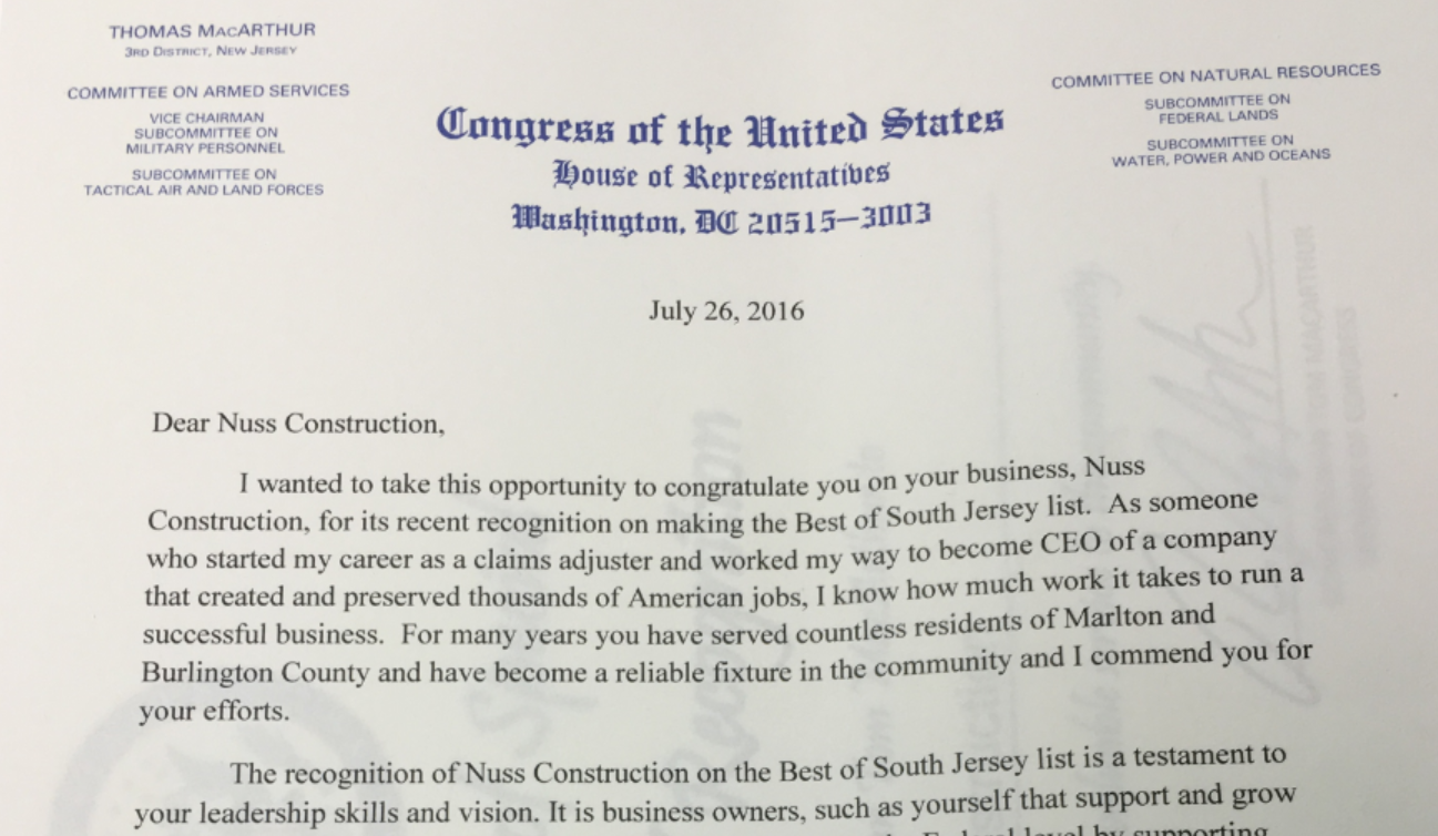 Nuss Construction Company Recognized as Best of South Jersey